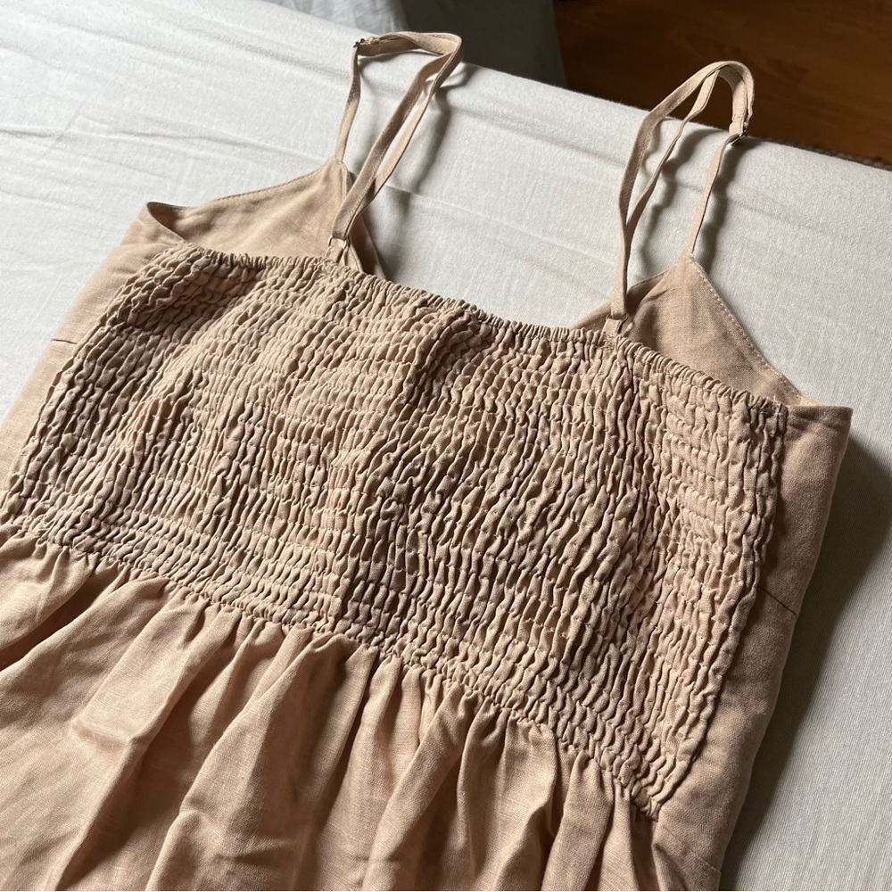 Le Rumi tan peach linen cotton blend tie front sleeveless button down mini dress - Picture 3 of 5